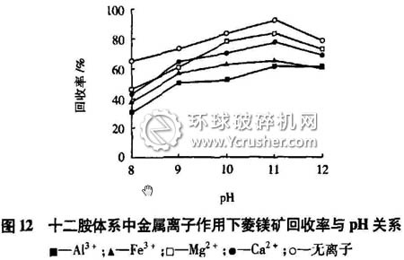 十二胺體系中金屬離子作用下菱鎂礦回收率與pH關系
