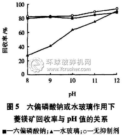六偏磷酸鈉或水玻璃作用下菱鎂礦回收率與pH值的關系